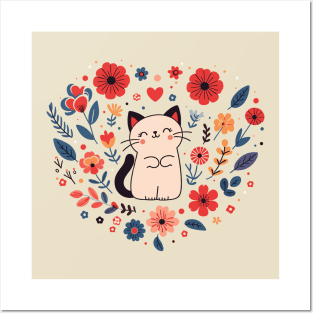 Cute Kitty Cat with colorful Flowers | Kawaii Kitty cat | Cat Lover Design Posters and Art